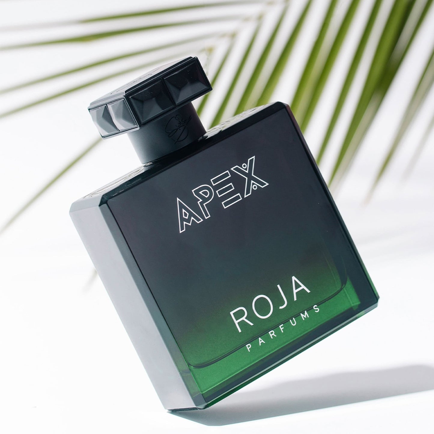 Roja Parfums Apex perfume bottle with palm leaves in the background