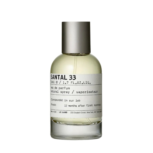 Perfume bottle labeled 'Santal 33' on a white background