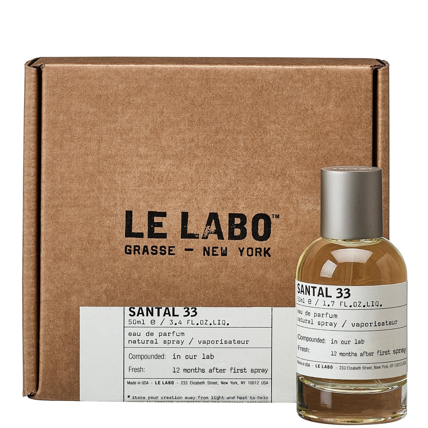 Le Labo Santal 33 perfume bottle with packaging on a white background