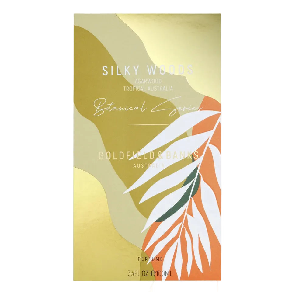 Perfume bottle packaging with abstract design and text on a white background