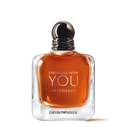Perfume bottle labeled 'Stronger with You Intensely' by Emporio Armani on a white background