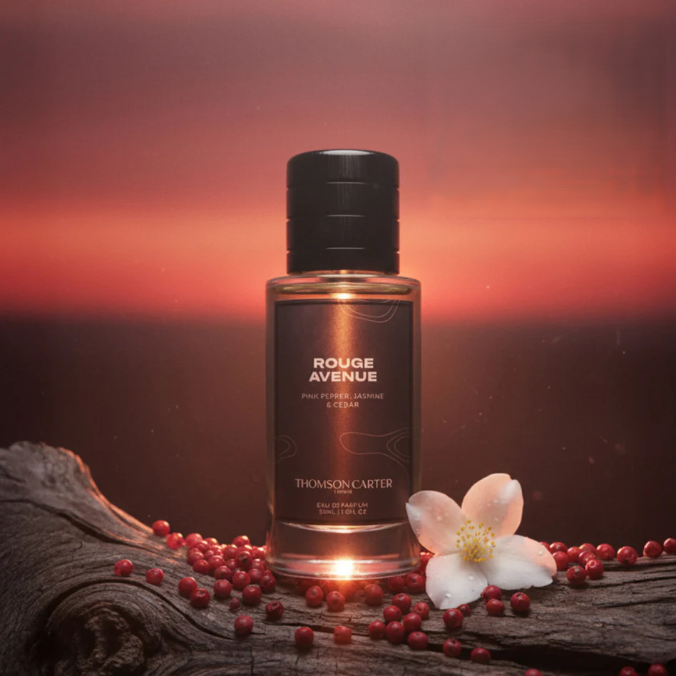 A bottle of Thomson Carter Rouge Avenue Eau de Parfum stands on a weathered log with scattered red berries and a white flower, set against a warm red-orange sunset background.