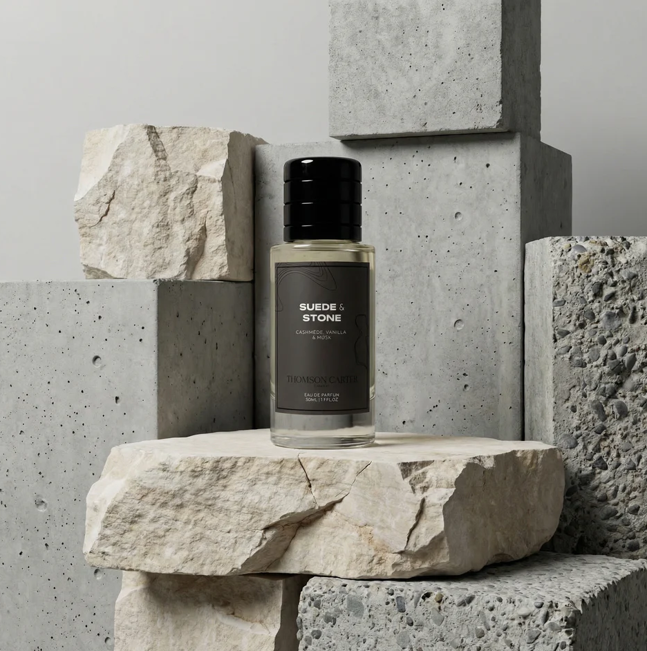 A bottle of Swiss Stone Cologne by The Brand Below, featuring a black cap and a dark gray label, displayed on a light stone pedestal against a background of textured gray concrete blocks.