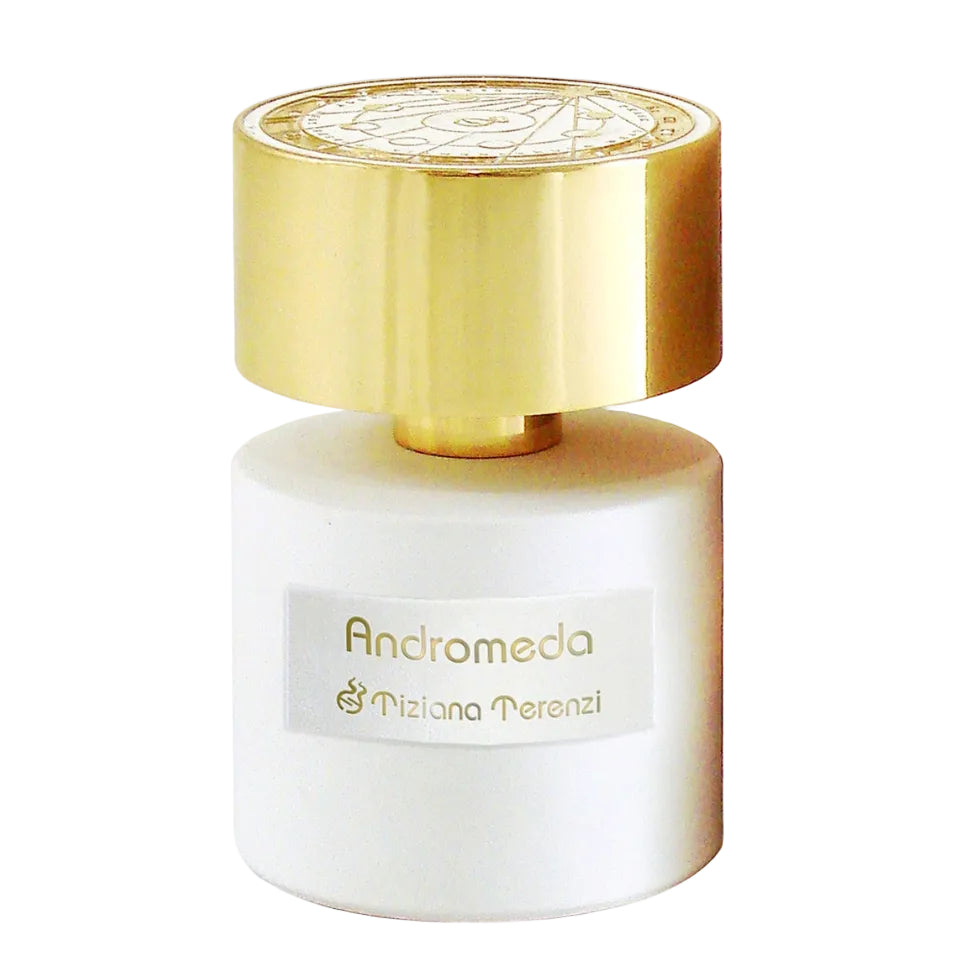 Perfume bottle labeled 'Andromeda' by Mizani Perenzi with a gold cap on a white background