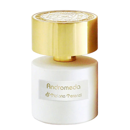 Perfume bottle labeled 'Andromeda' by Mizani Perenzi with a gold cap on a white background