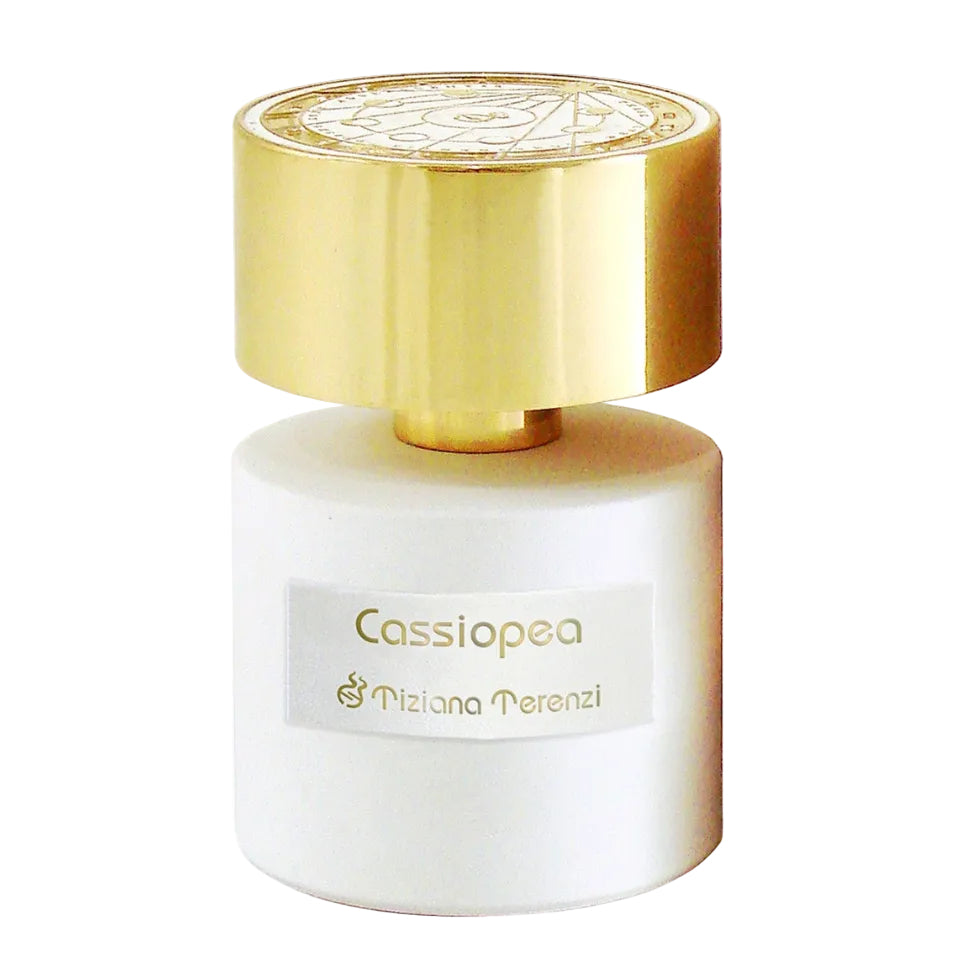 Perfume bottle labeled 'Cassiopea' by Tiziana Terenzi with a gold cap on a white background