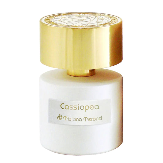 Perfume bottle labeled 'Cassiopea' by Tiziana Terenzi with a gold cap on a white background