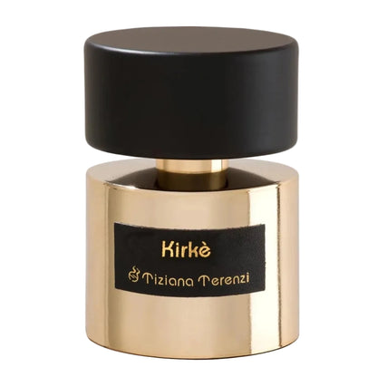 A gold-colored bottle of Kirke Extrait de Parfum by Tiziana Terenzi, with a black cap and label featuring the name of the fragrance.