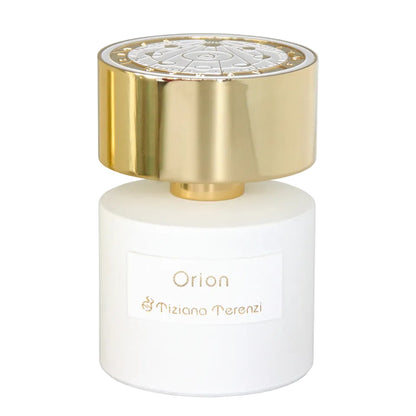 Perfume bottle with gold cap and white body on a white background