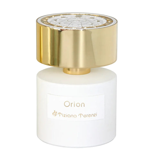 Perfume bottle with gold cap and white body on a white background