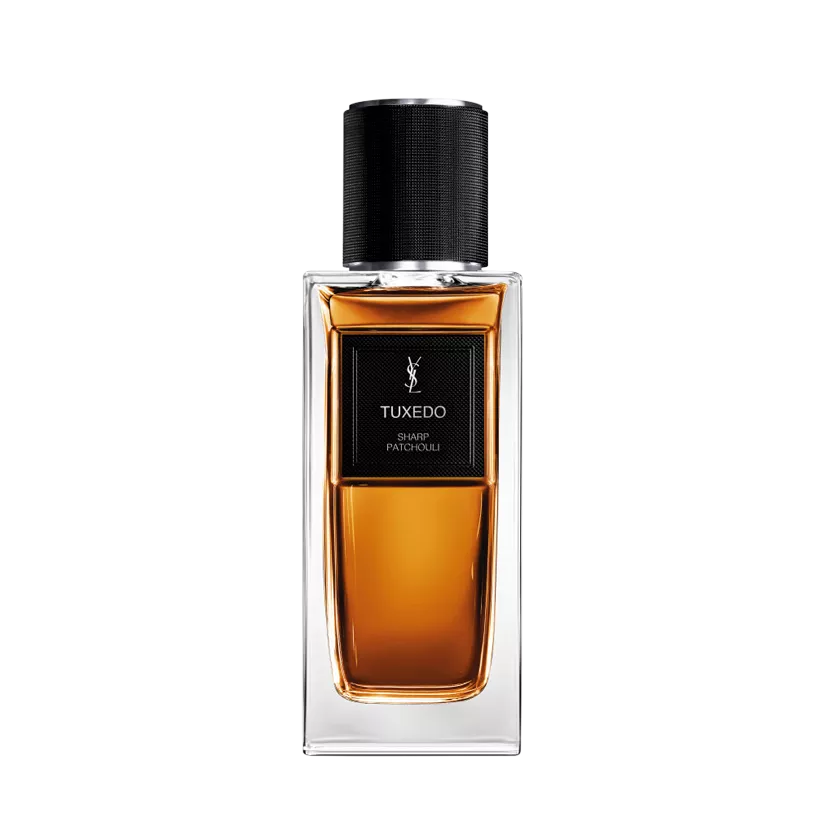 Perfume bottle labeled 'Tuxedo' by Yves Saint Laurent on a white background
