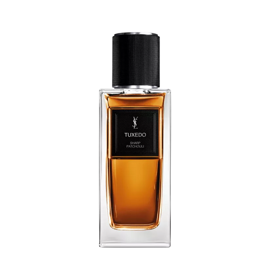 Perfume bottle labeled 'Tuxedo' by Yves Saint Laurent on a white background