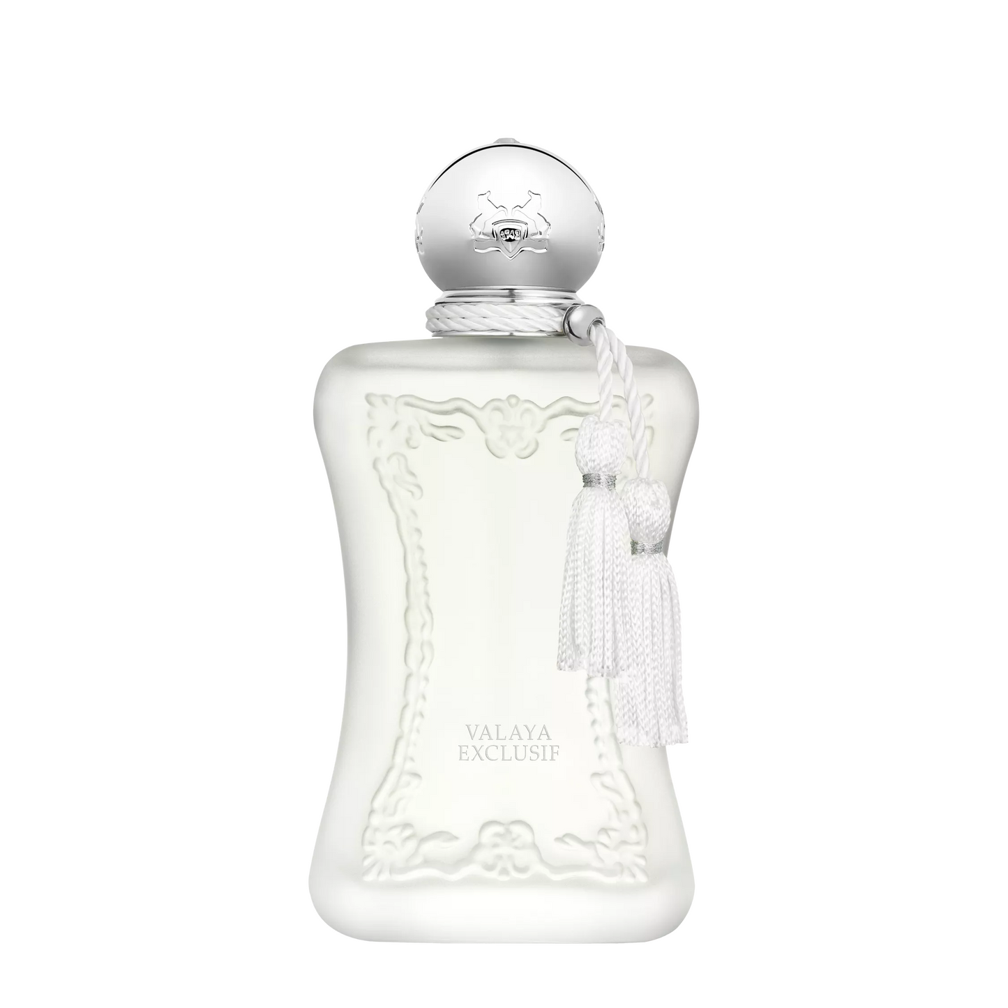 A frosted glass perfume bottle with a silver spherical cap and white tassel, labeled Valaya Exclusif, on a plain white background.