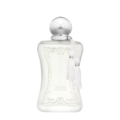 A frosted glass perfume bottle with a silver spherical cap and white tassel, labeled Valaya Exclusif, on a plain white background.