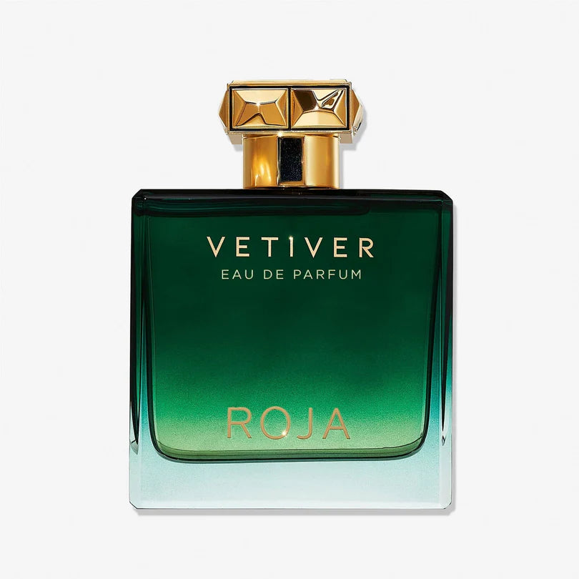 Roja Vetiver Eau de Parfum bottle with gold cap on a white background
