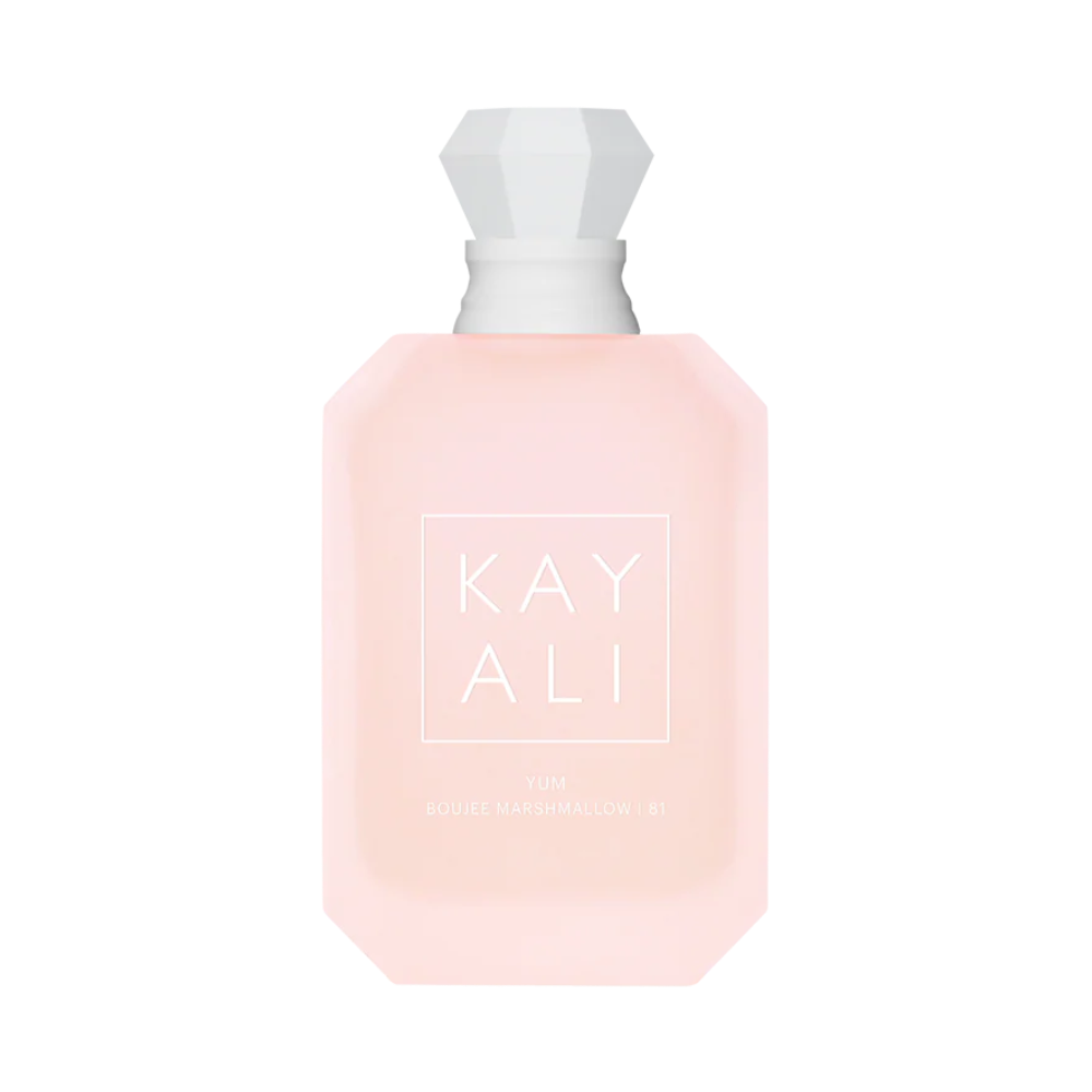 Pink perfume bottle with white cap on a white background