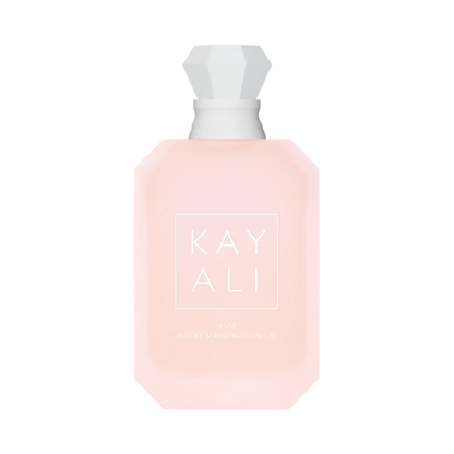 Pink perfume bottle with white cap on a white background