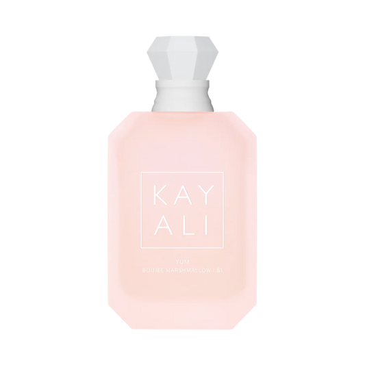 Pink perfume bottle with white cap on a white background