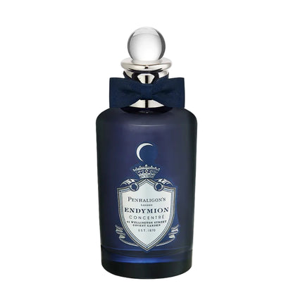 A bottle of Penhaligon's Endymion Concentré Eau De Parfum with a dark blue label and a silver cap.
