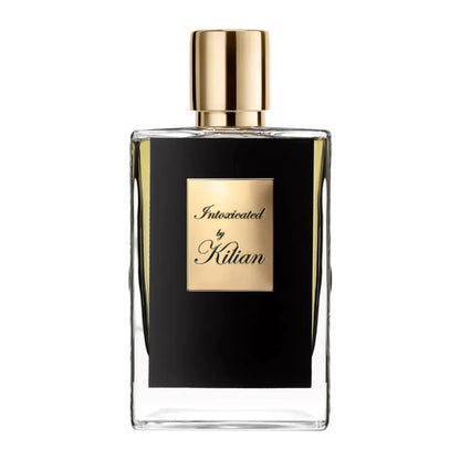 A bottle of Kilian Intoxicated Eau De Parfum with a black label and gold cap.